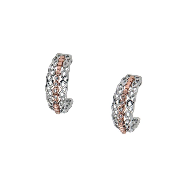 Sterling Silver Rhodium 10k Rose CZ Half Creole Bridge Earrings