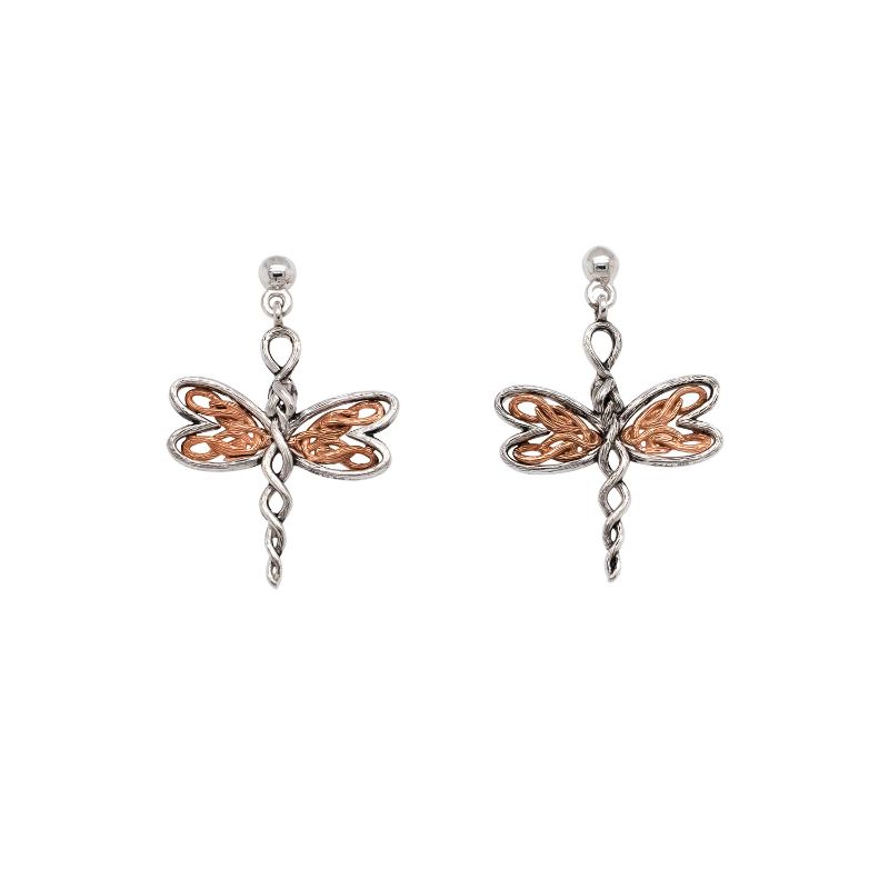 Sterling Silver Rhodium 10k Rose Dragonfly Post Earrings