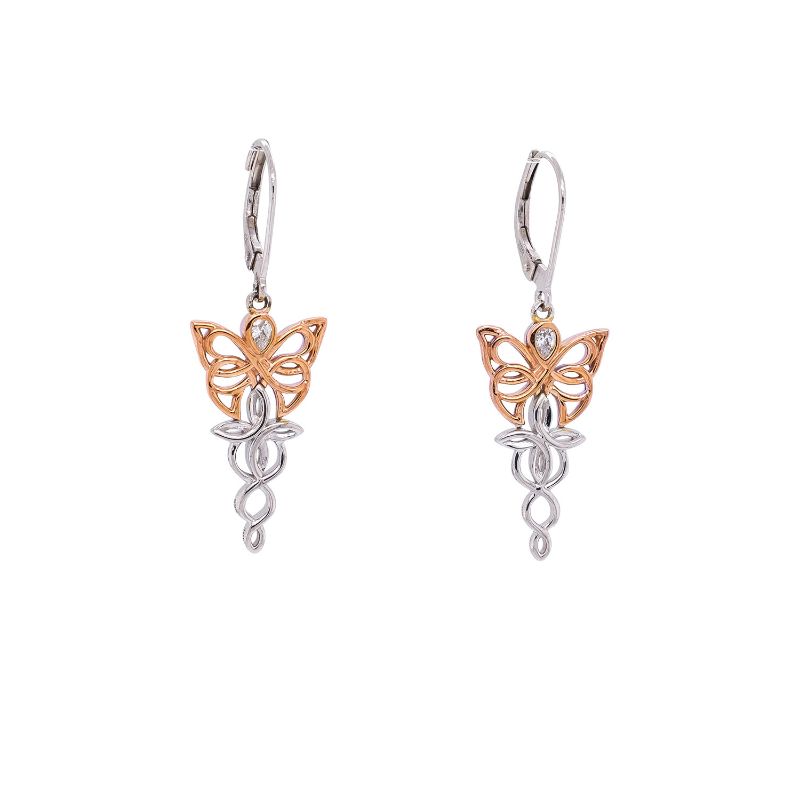 Sterling Silver Rhodium 10k Rose CZ Butterfly Leverback Earrings