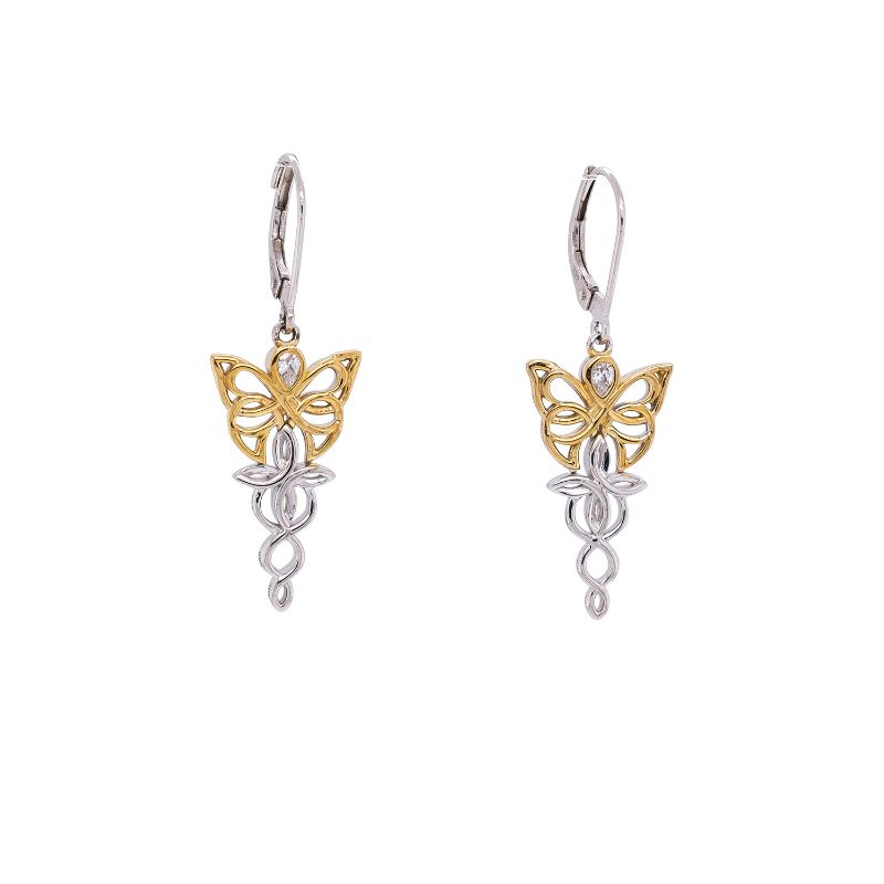 Sterling Silver Rhodium 10k Yellow CZ Butterfly Leverback Earrings