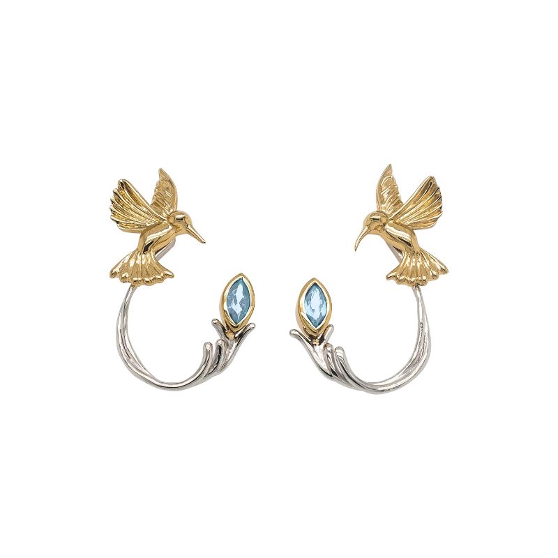 10k Yellow Hummingbird Stud with Sterling Silver Rhodium 10k Blue Topaz Earring Jacket