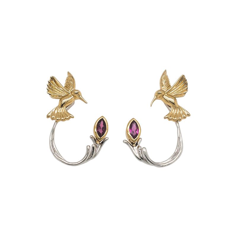 10k Yellow Hummingbird Stud with Sterling Silver Rhodium 10k Rhodolite Earring Jacket