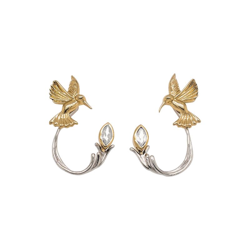 10k Yellow Hummingbird Stud with Sterling Silver Rhodium 10k White Topaz Earring Jacket