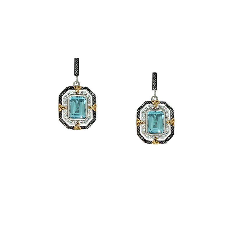 Sterling Silver Rhodium 10k Yellow Octagon Sky Blue Topaz Celestial Post Earrings