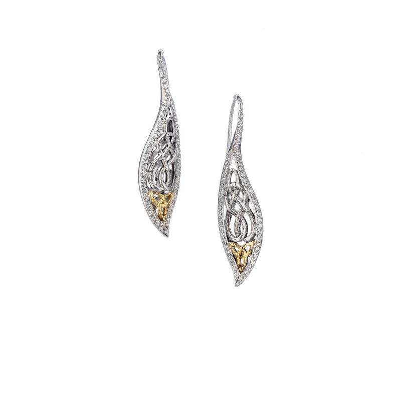 Sterling Silver Rhodium 10k Yellow CZ Barked Leaf Hook Earrings