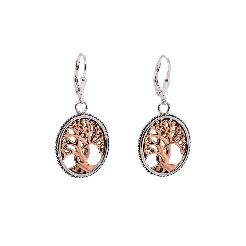 Sterling Silver 10k Rose Tree of Life Leverback Earrings