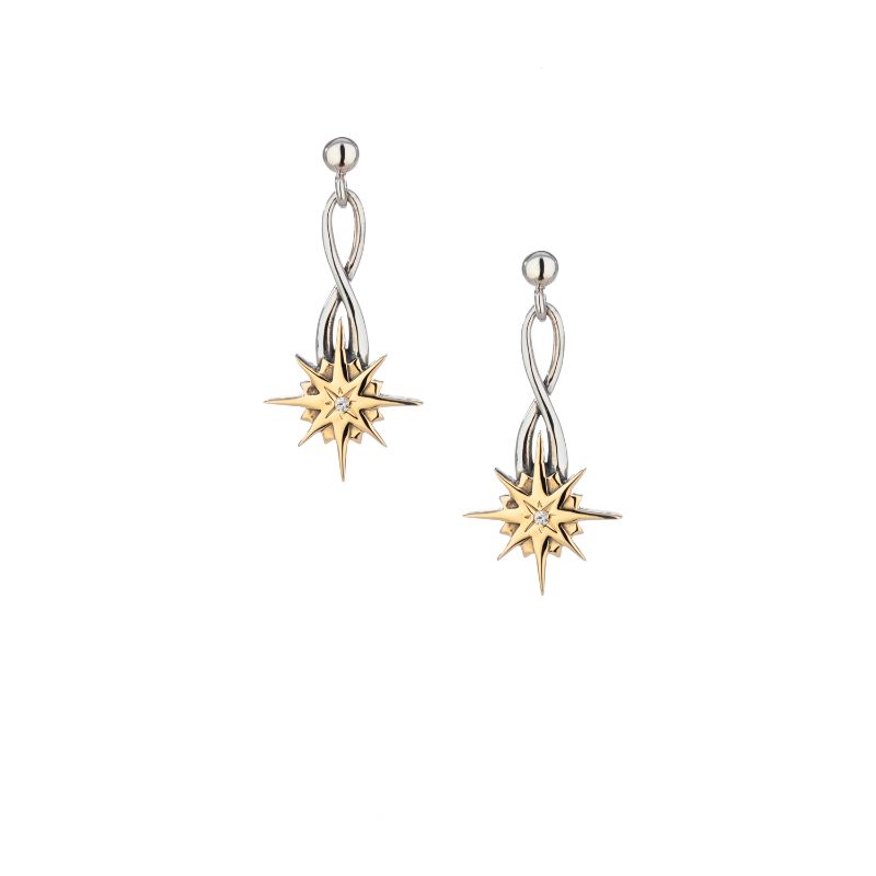 Sterling Silver 10k Compass with White Sapphire (1.3mm) Star Post Dangle Earrings