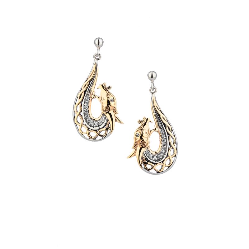 Sterling Silver Oxidized 10k Dragon with White Sapphire (1.3mm ea) Post Dangle Earrings