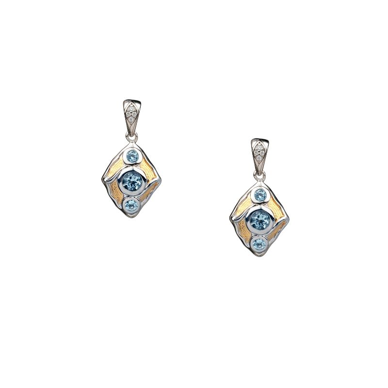 Sterling Silver Rhodium 23k Gilded Sky Blue Topaz & CZ Rocks 'n Rivers Post Earrings