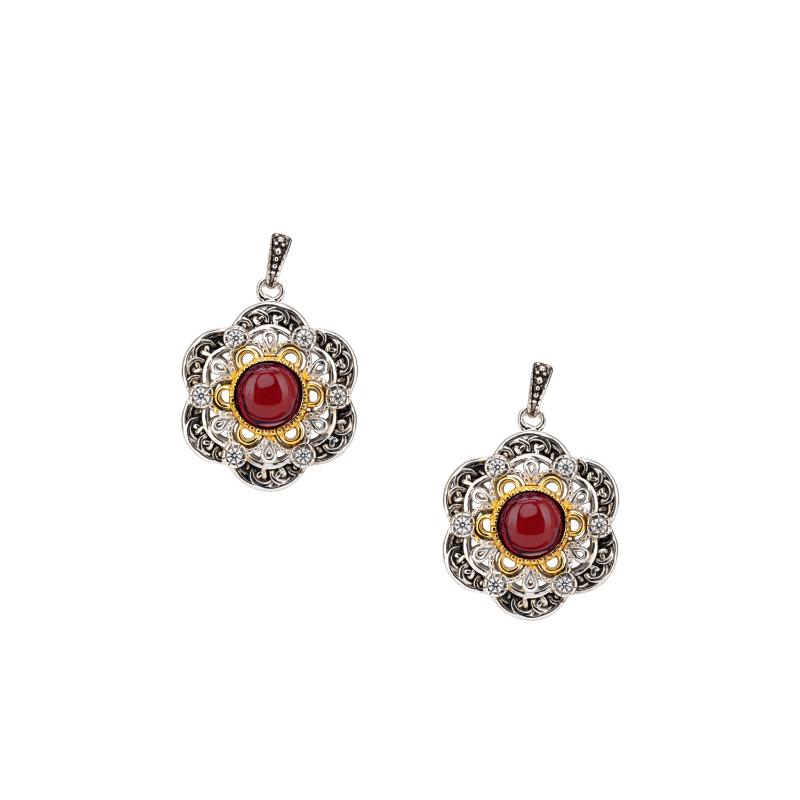 Sterling Silver Rhodium  23k Gilded Garnet & CZ Celestial Post Earrings