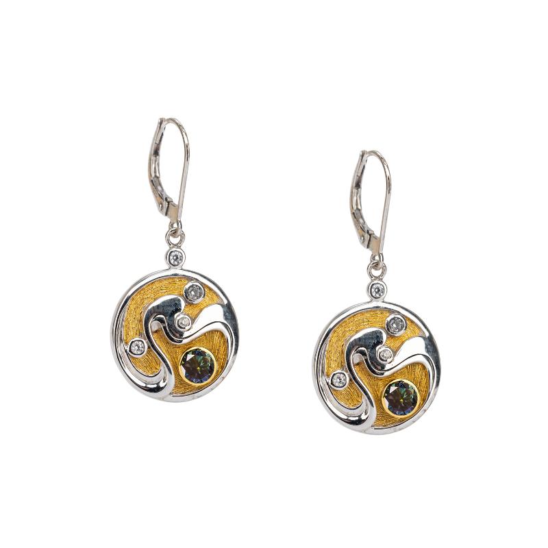 Sterling Silver Rhodium  23k Gilded Mystic Blue Moissanite & CZ Whirlpool Leverback Earrings