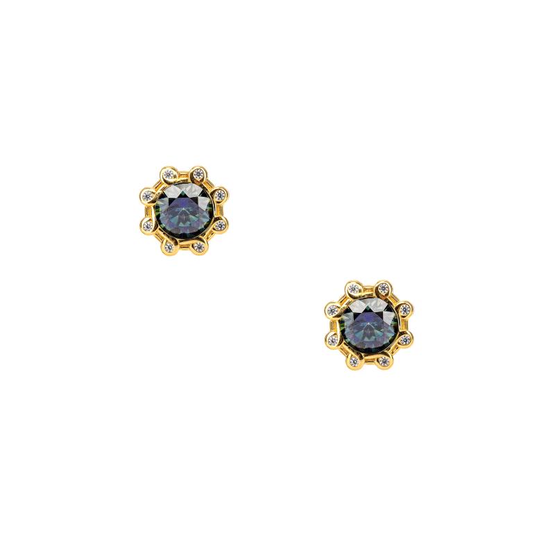 Sterling Silver Rhodium  23k Gilded Mystic Blue Moissanite & CZ Celestial Stud Earrings