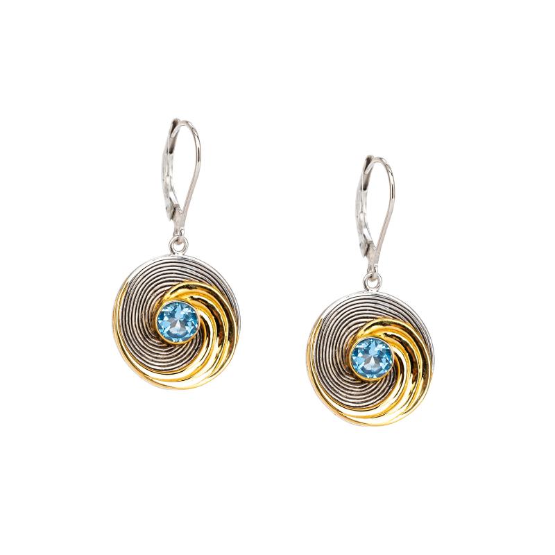 Sterling Silver Rhodium  23k Gilded Swiss Blue Topaz Whirlpool Leverback Earrings