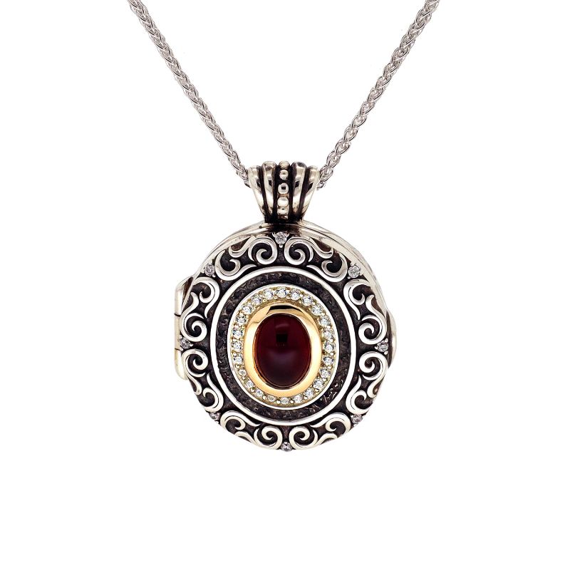 Sterling Silver Oxidized 10k with 14k Gilding Inside Garnet & CZ Filigree Shield Locket