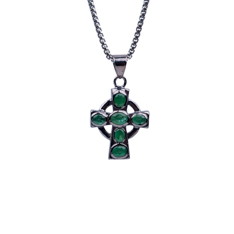 Sterling Silver Emerald .2ctw Black Rhodium Cross Pendant