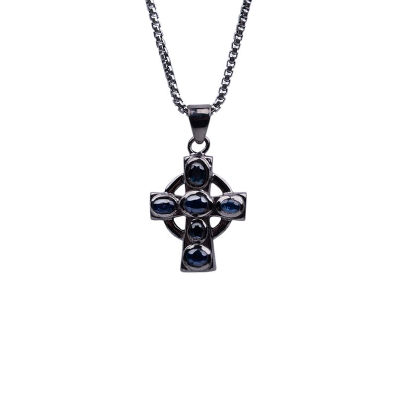 Sterling Silver Sapphire .2ctw Black Rhodium Cross Pendant