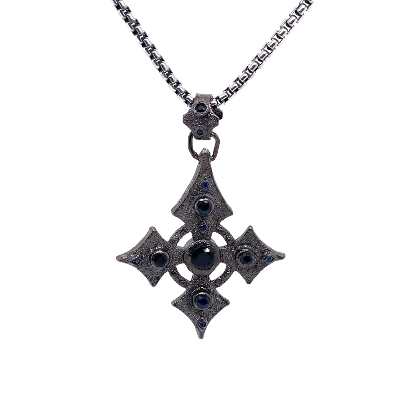 Sterling Silver Medium Sapphire 1.17ctw Black Rhodium Celtic Cross Pendant