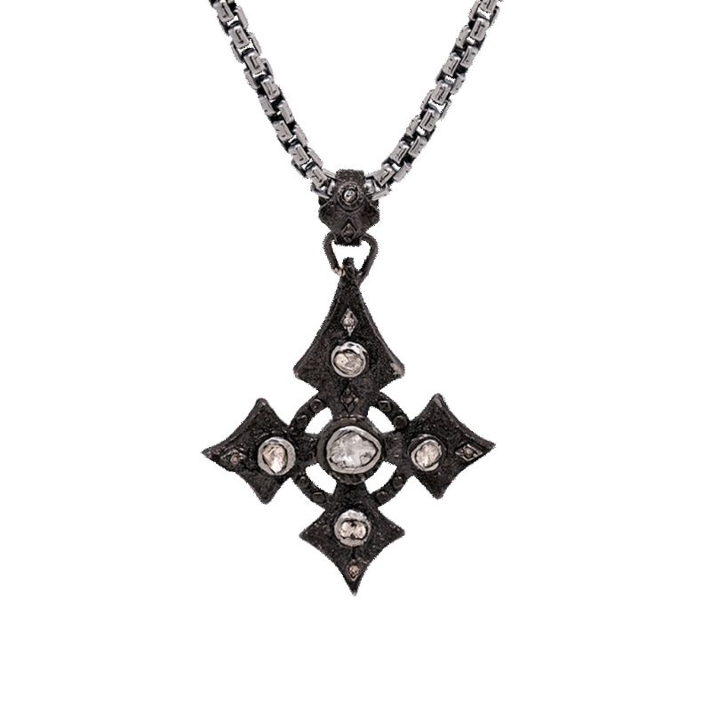 Sterling Silver Medium Raw Diamond .25ctw Black Rhodium Celtic Cross Pendant