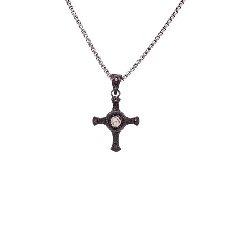 Sterling Silver Raw Diamond .08ctw Black Rhodium Cross Pendant