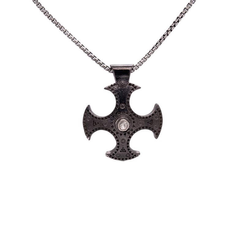Sterling Silver Raw Diamond .1ctw Black Rhodium Cross Shield Large Pendant