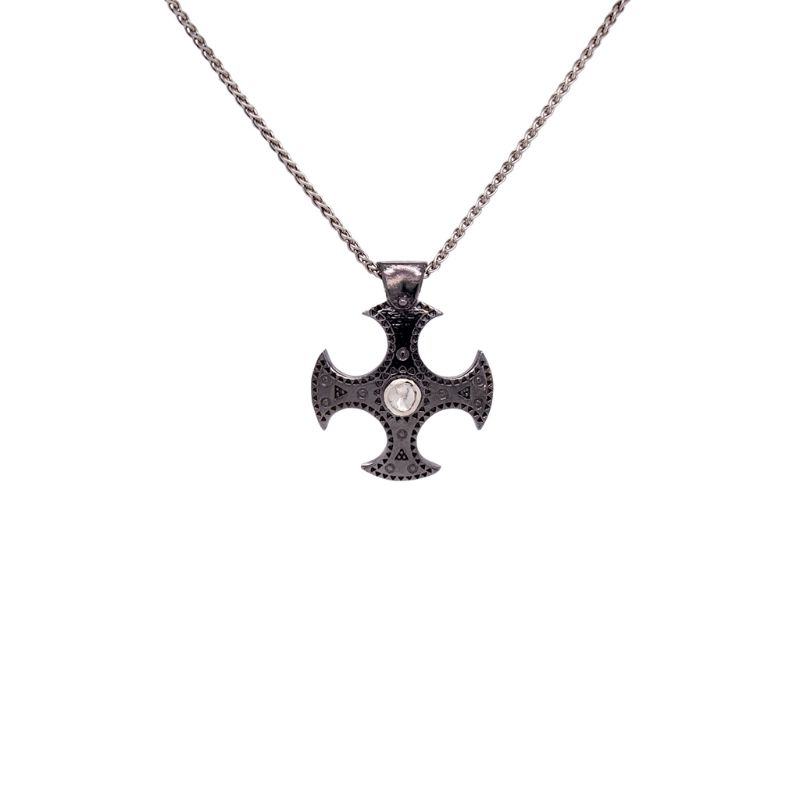 Sterling Silver Raw Diamond  0.05ctw Black Rhodium Cross Shield Pendant