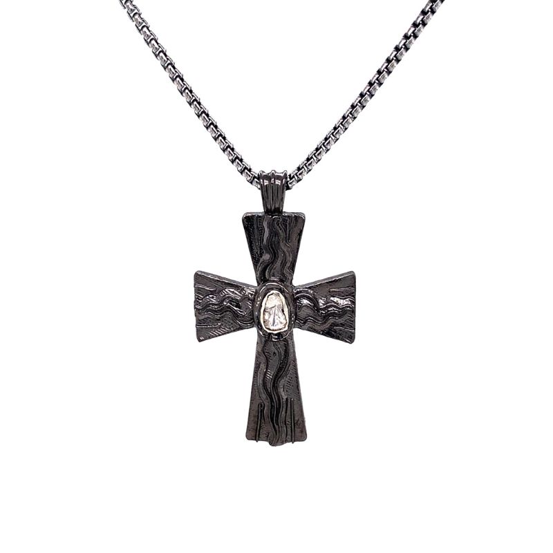 Sterling Silver Raw Diamond .17ctw Black Rhodium Cross Pendant