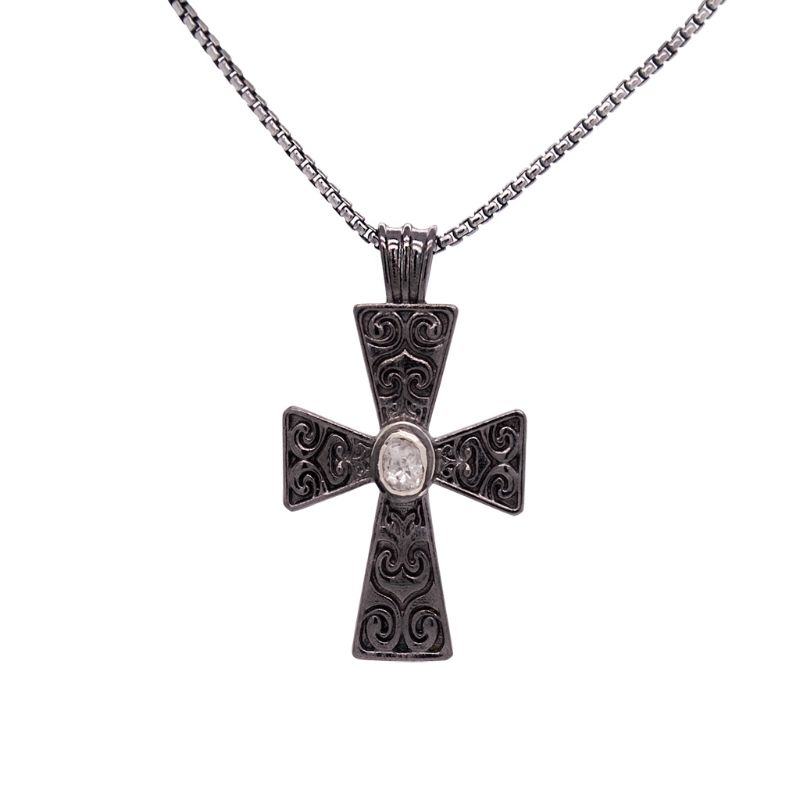 Sterling Silver Raw Diamond .15ctw Black Rhodium Cross Pendant