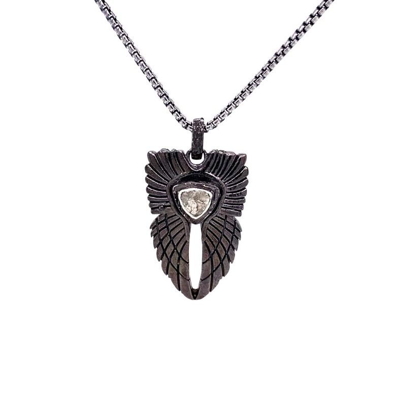 Sterling Silver Raw Diamond .18ctw Black Rhodium Angel Wings Pendant