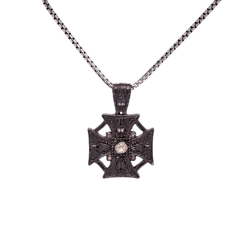 Sterling Silver Raw Diamond .07ctw Black Rhodium Cross Pendant