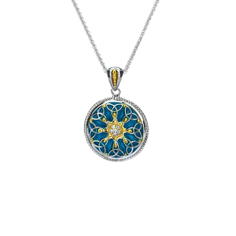 Sterling Silver 10k Yellow Sky Blue Enamel and White CZ Trinity Pendant Small