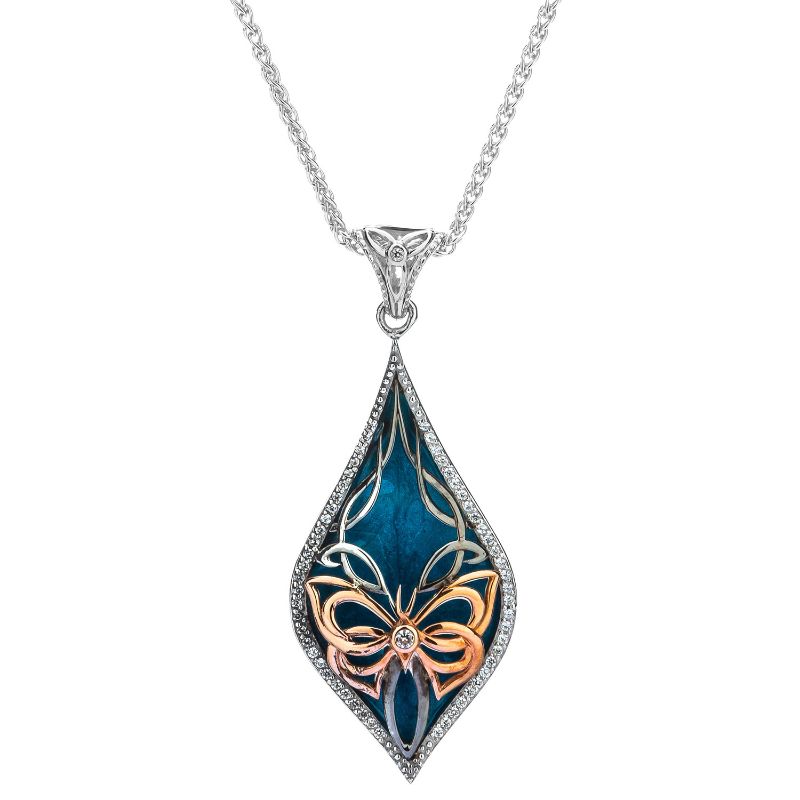 Sterling Silver Ruthenium 10k Rose Sky Blue Enamel and White CZ Cocooned Butterfly Pendant