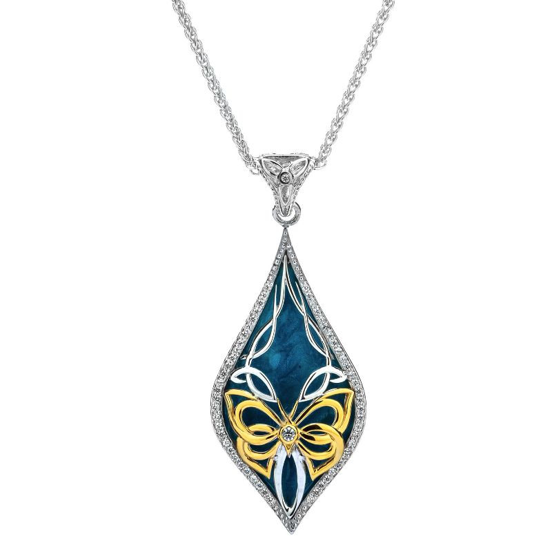 Sterling Silver 10k Sky Blue Enamel and White CZ Cocooned Butterfly Pendant