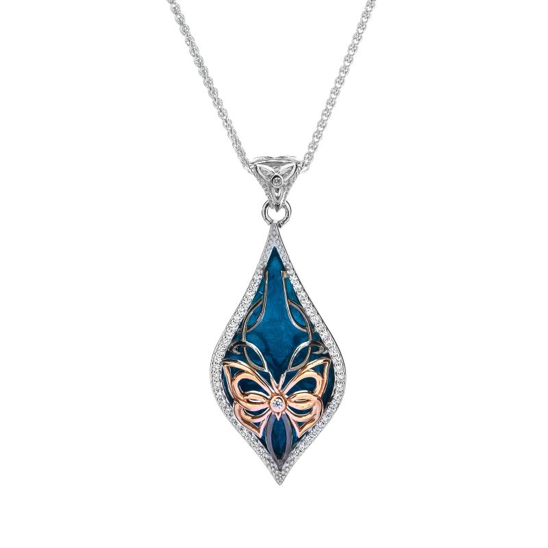 Sterling Silver Ruthenium 10k Rose Sky Blue Enamel and White CZ Cocooned Butterfly Pendant Small