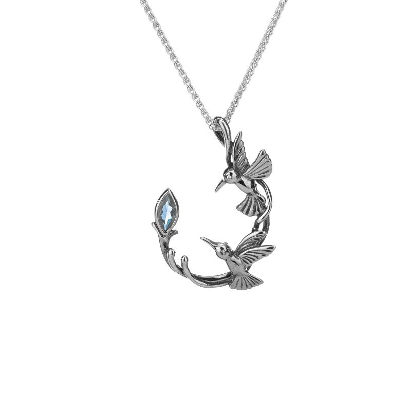 Sterling Silver Marquise Blue Topaz Double Hummingbird Pendant
