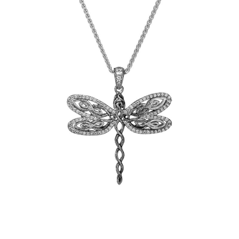 Sterling Silver Rhodium White CZ Barked Dragonfly Pendant