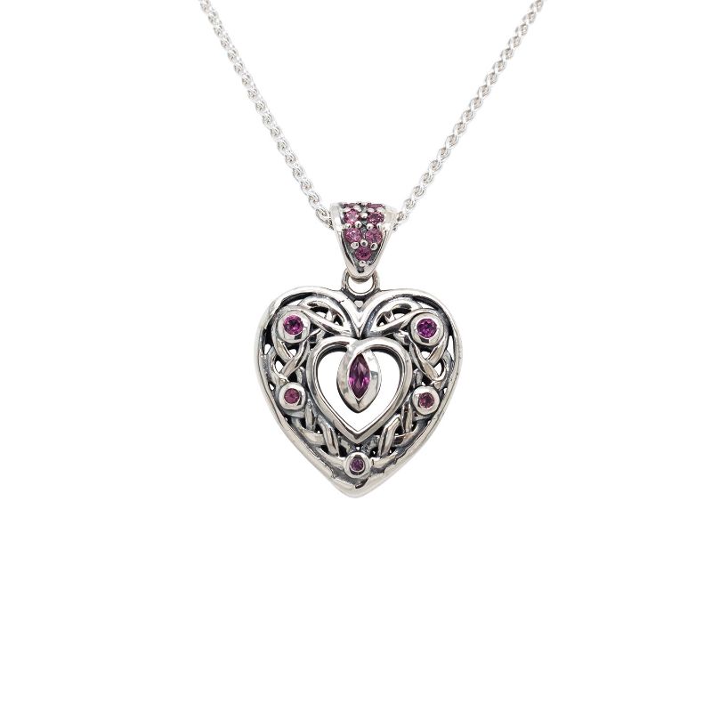 Sterling Silver Double Sided Celtic Open Heart Small Rhodolite Pendant