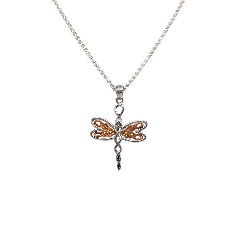 Sterling Silver Rhodium 10k Yellow Petite Dragonfly Pendant