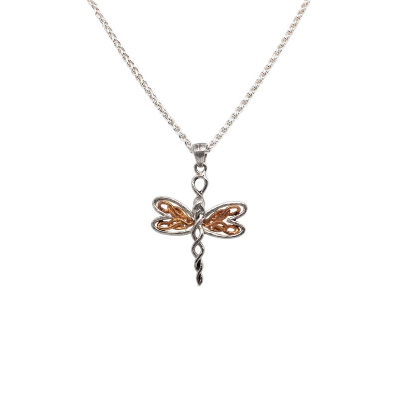 Sterling Silver Rhodium 10k Yellow Petite Dragonfly Pendant