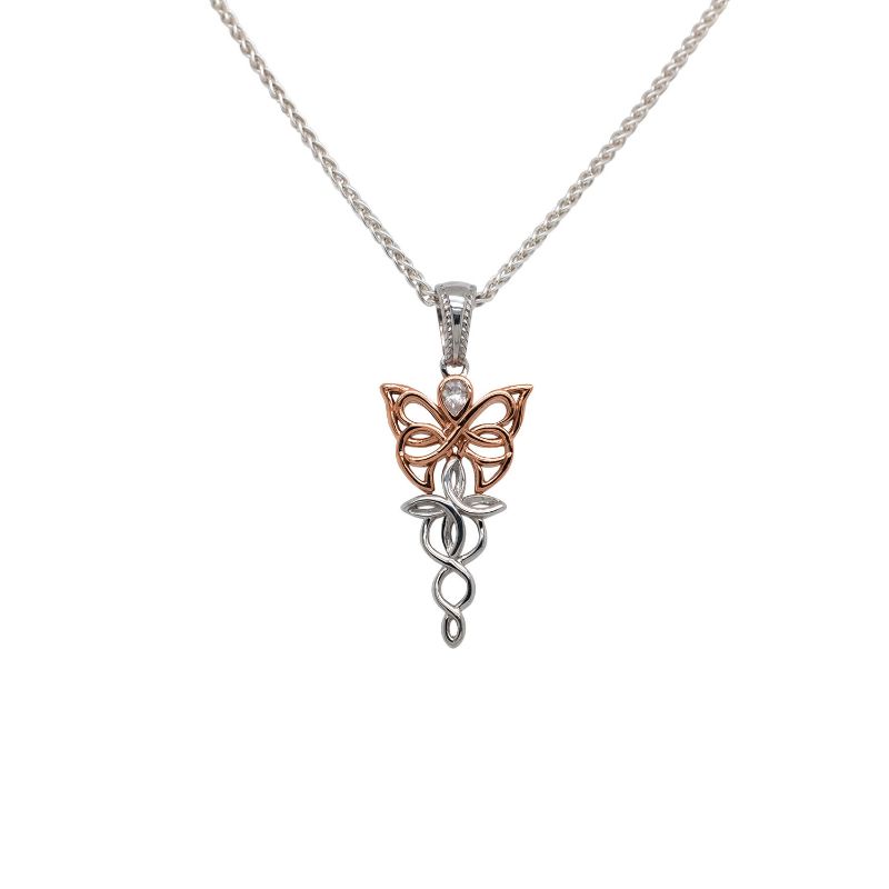 Sterling Silver Rhodium 10k Rose CZ Petite Butterfly Pendant