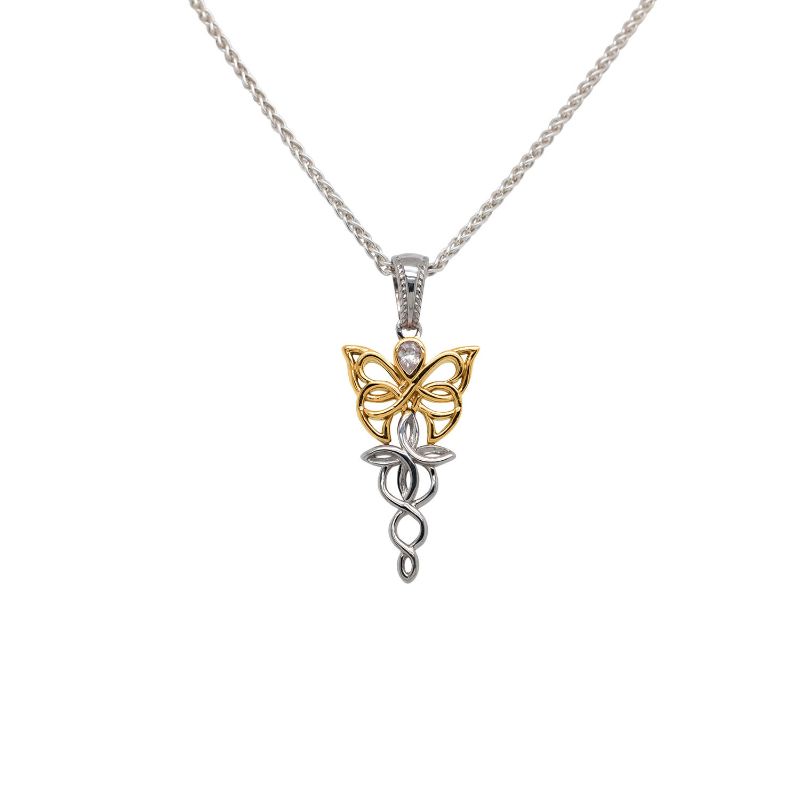 Sterling Silver Rhodium 10k Yellow CZ Petite Butterfly Pendant