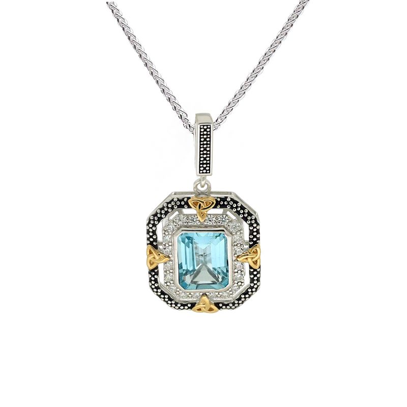 Sterling Silver Rhodium 10k Yellow Octagon Sky Blue Topaz Celestial Pendant