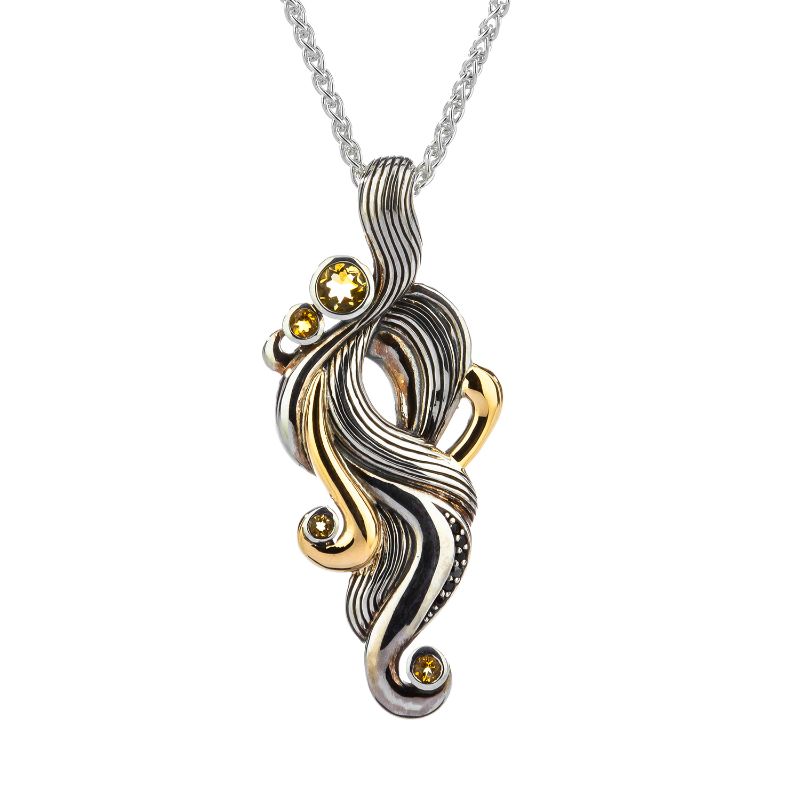 Sterling Silver 10k  "Air" Element Pendant with Citrine and Black Spinel