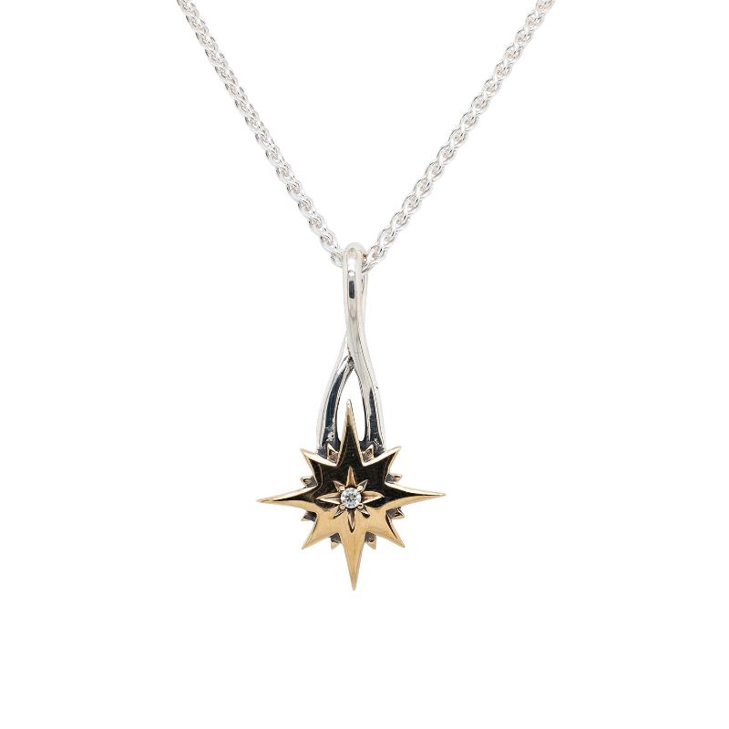 Sterling Silver 10k Compass with White Sapphire Star Pendant Large