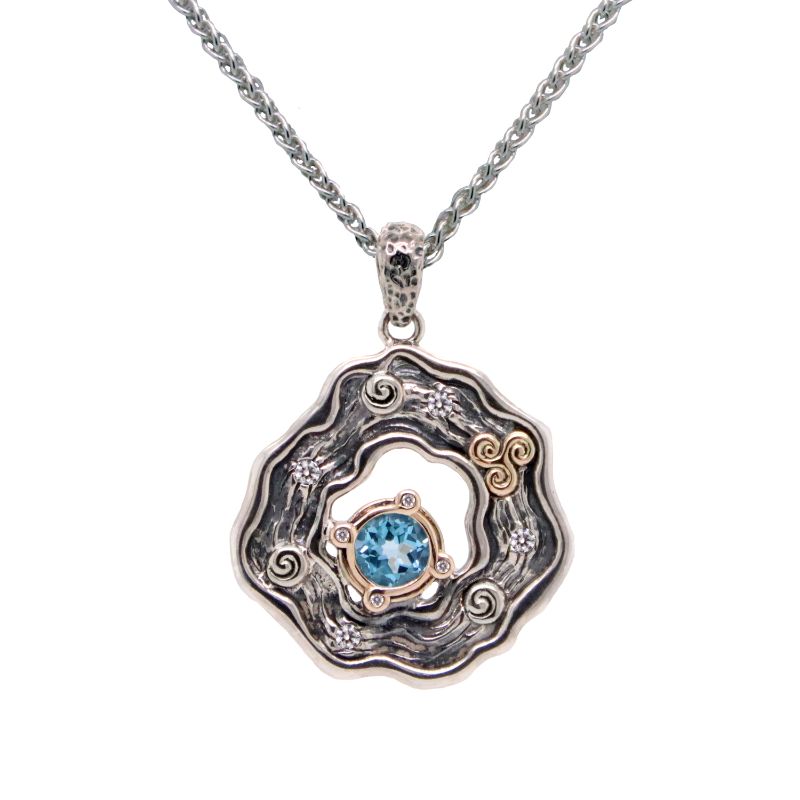 Sterling Silver Oxidized 10k Swiss Blue Topaz & CZ Rocks 'n Rivers Pendant