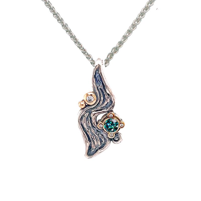 Sterling Silver Oxidized 10k Blue Mystic Moissanite & CZ Rocks 'n Rivers Pendant