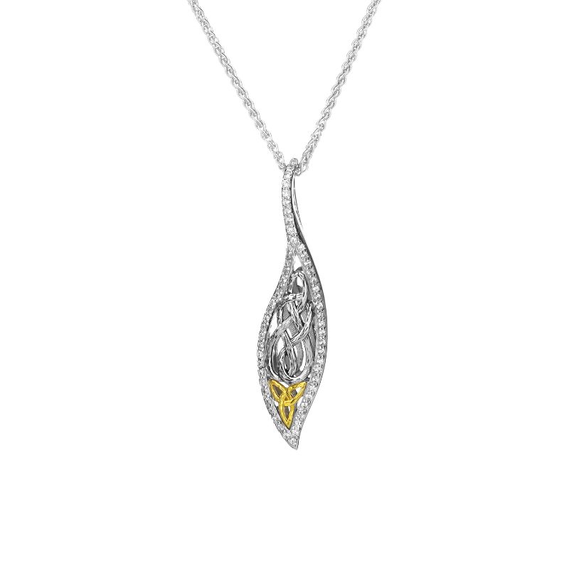 Sterling Silver Rhodium 10k Yellow with White CZ Barked Leaf Pendant