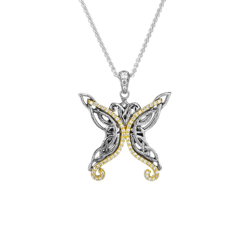 Sterling Silver Rhodium 10k Yellow with White CZ Barked Butterfly Pendant