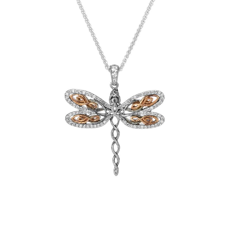 Sterling Silver Rhodium 10k Rose with White CZ Barked Dragonfly Pendant