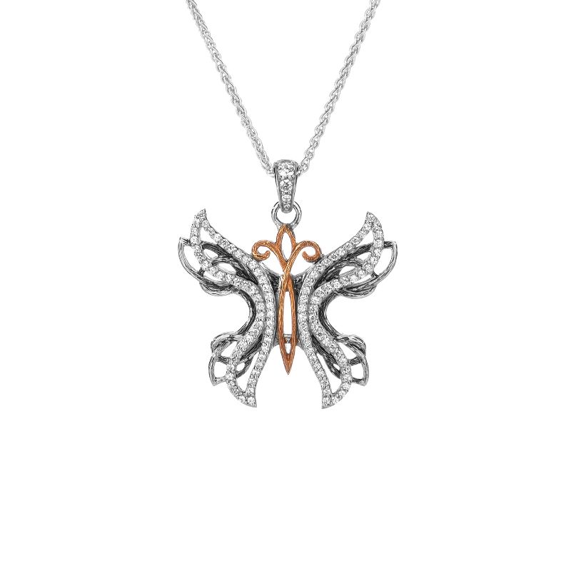 Sterling Silver 10k Rose with White CZ Barked Soaring Butterfly Pendant