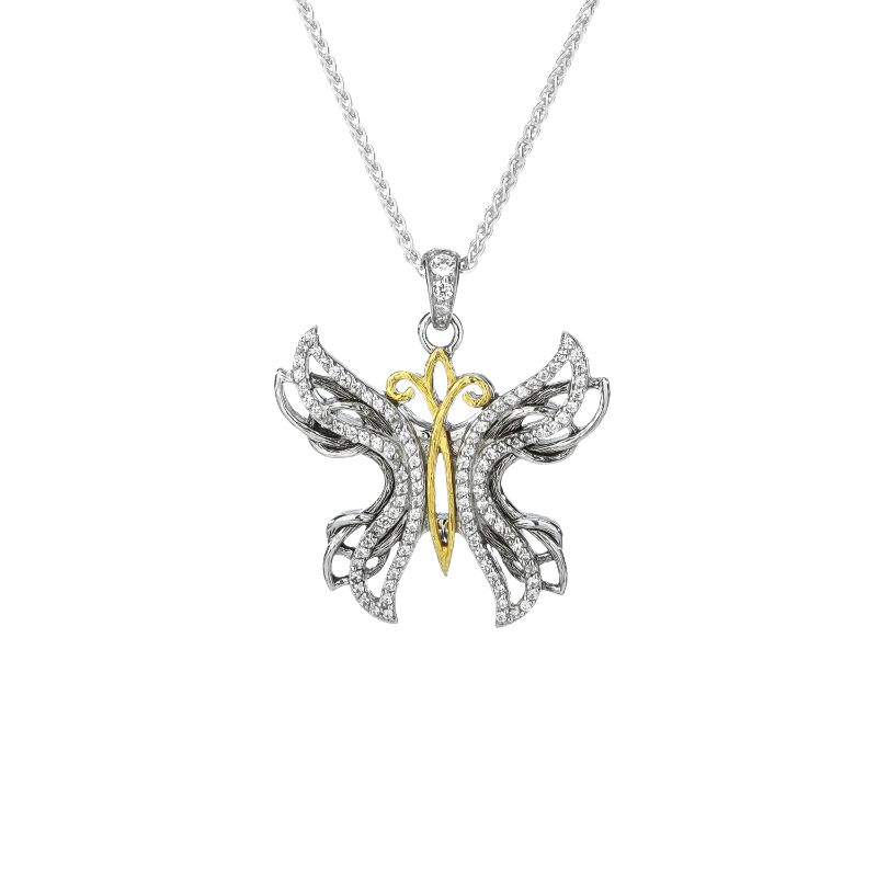Sterling Silver 10k Yellow with White CZ Barked Soaring Butterfly Pendant